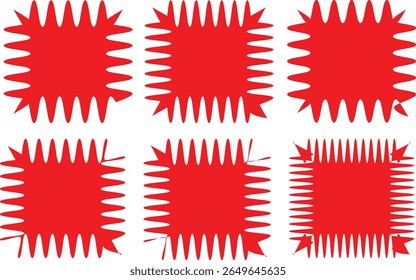 conjunto de corações vermelhos e brancos Zig zag forma de borda. Retângulo irregular, círculo, elementos ovais definidos. Adesivos em ziguezague. Elementos de design gráfico vermelho para decoração, banner, cartaz, modelo, adesivo, crachá, etiqueta