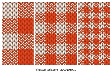 Set of red and white knit gingham seamless patterns. Vector illustration of knitted plaid texture from squares. Abstract geometric handmade background for blankets, sweaters, clothes.