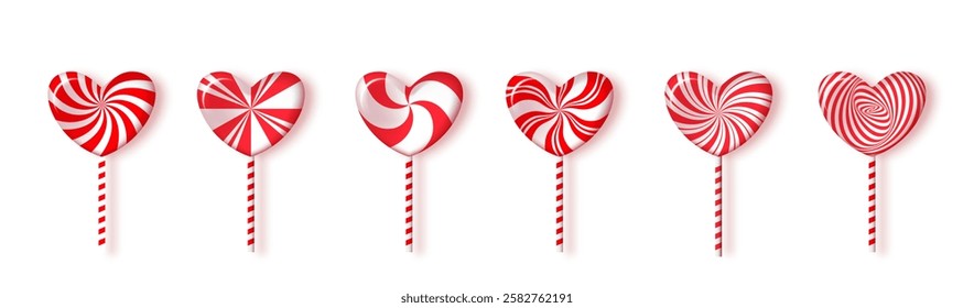 Set of red and white lollipops as hearts. Isolated vector objects on white background