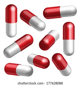 Set of red and white medical capsules in different positions Vector illustration