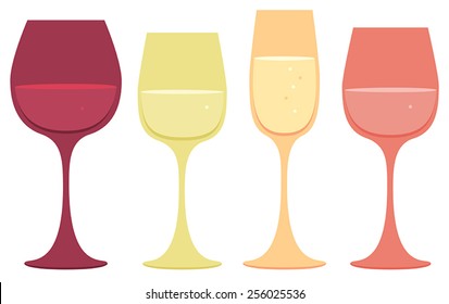 A set of red, white, pink and sparkling wine glass icons.