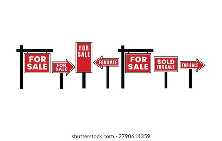 A set of red and white real estate signs on black posts with 'FOR SALE' and 'SOLD FOR SALE' text, arranged in a row on a plain white background