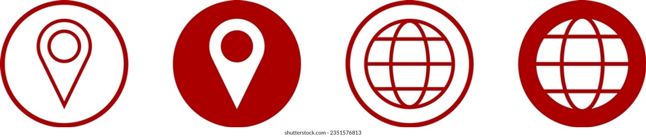 Conjunto de iconos de los botones de señalización del marcador de posición del marcador de posición del mapa de la Tierra de la Tierra y del mapa de la ubicación del mundo rojo y blanco de la ronda mundial de globo globalizado. Imagen vectorial.