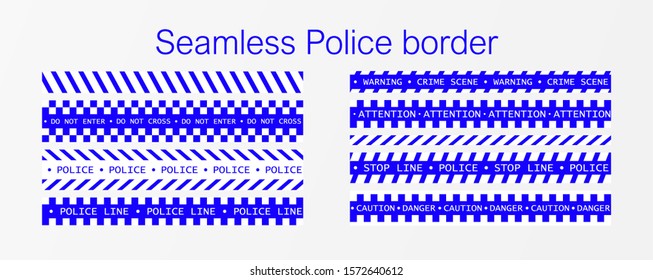 Set of red and white seamless police lines. Crime scene ribbon and security line barrier, vector illustration. police warning blue tape set. Vector seamless pattern isolated on white background