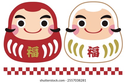 A set of red and white smiling lucky daruma dolls
 translation : fuku(good fortune) 