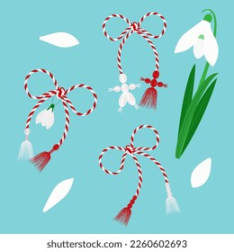 Set of red and white spring symbols. Martisor talismans isolated on blue background. The Martisor holiday.
