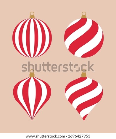 A set of red and white striped Christmas decorations in a variety of retro shapes. Perfect for holiday backgrounds, winter season banners, party, events, and New Year's celebration graphics.