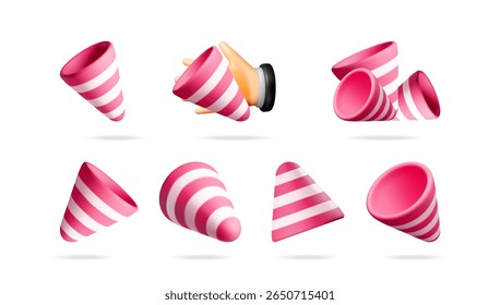 Set of red and white striped party poppers in 3d vector style for celebration event. Holiday cone for social media posts.