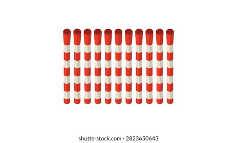 Set of red and white striped plastic bollards or barrier poles used for traffic control and temporary demarcation in various outdoor areas.