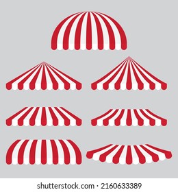 Set of red and white stripes awning tent. Flat vector illustration.