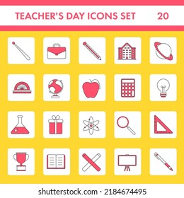 Set Of Red And White Teacher's Day Square Icons On Yellow Background.