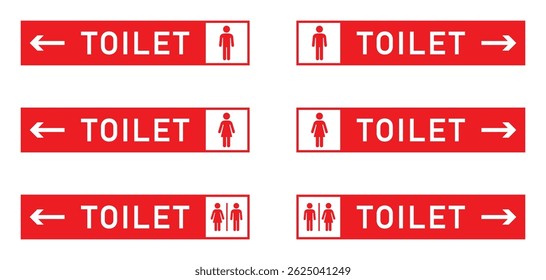 Set of red and white toilet signs with male, female, and unisex icons and directional arrows. Public spaces, airports, malls, and restrooms, wayfinding, or facility layout design. Vector illustration.