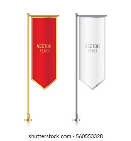 Set of red and white vector banner flag templates, hanging on a golden and silver poles. Red and white elegant vertical flag mockups, with golden and silver strokes, isolated on a white background.