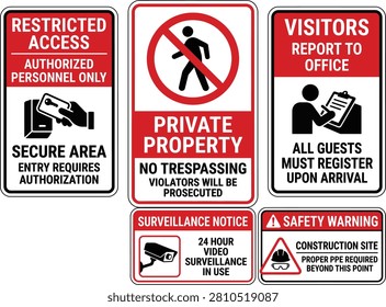 Set of red and white warning and informational signage for restricted areas private property visitor registration surveillance construction site safety. For business security compliance.