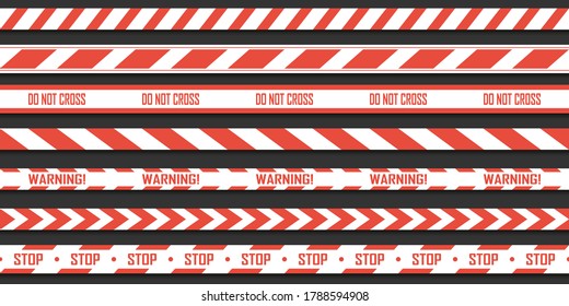 Set of red with white warning seamless stripes. Vector danger tapes. Ribbons do not cross, danger and caution.