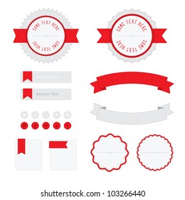 set of red and white web elements, badges and ribbons, isolated on white
