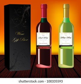 Set of red and white wine with gift box on a wood table and colorful background