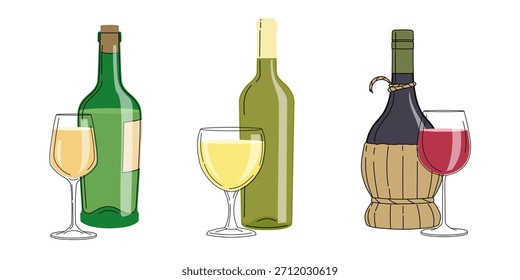 Conjunto de vino tinto y blanco con copas. Bebidas alcohólicas en estilo minimalista plano para póster, menú de bar, diseños impresos. Ilustraciones vectoriales.