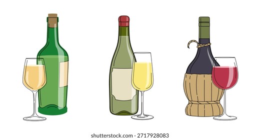 Set of red and white wine with glasses. Alcoholic drinks in flat minimalistic style for poster, bar menu, print designs. Vector illustrations.