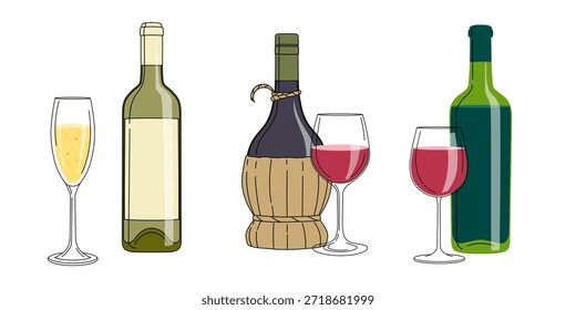 Set of red and white wine with glasses. Alcoholic drinks in flat minimalistic style for poster, bar menu, print designs. Vector illustrations.