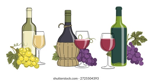 Set of red and white wine with glasses and sort of grapes. Alcoholic drinks in flat minimalistic style for poster, bar menu, print designs. Vector illustrations.