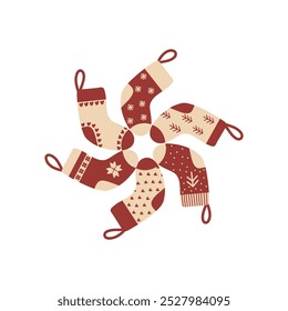 A set of red and white winter socks with various festive patterns in the shape of a Christmas wreath. Knitted wool and cotton socks decorated with snowflakes, hearts, trees and geometric patterns.