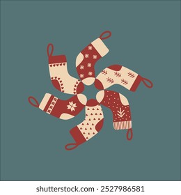 A set of red and white winter socks. Knitted wool and cotton socks decorated with snowflakes, hearts, trees and geometric patterns.