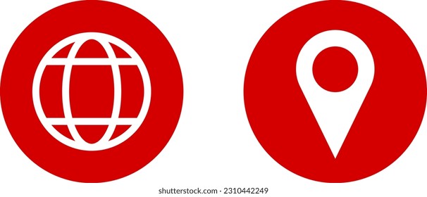 Set of Red and White World Globe Earth Web Map and Location Pointer Pin or You Are Here Marker Sign Icon. Vector Image.