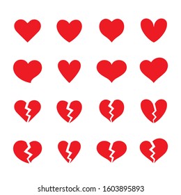 Set of red whole and broken heart shaped symbols. Collection of different romantic vector heart icons for web site, sticker, love logo and Valentines day.