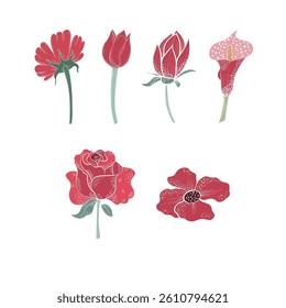 Set of red wild flowers, wedding cards, banner, fabric. Vector isolated illustration