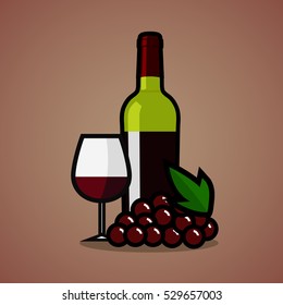 The set of red wine bottle , wine glass and grape in cartoon style.(EPS10 art vector)