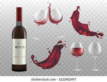 Set of red wine bottle, glassware and single splashes, realistic vector illustration mockup isolated on transparent background. Alcoholic drinks templates collection.