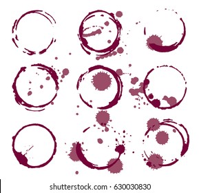 Set of red wine stains and blots on white background