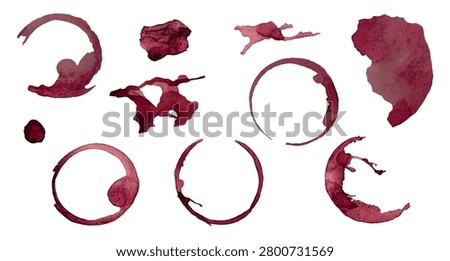 Set of red wine stains, marks of glass ring. Abstract watercolor splashes, circles and drops isolated on white backdrop