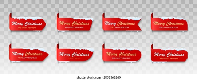 Set of red winter cards Merry Christmas. Label for merry Christmas with snow. Banner realistic detailed curved paper or ribbon red color.