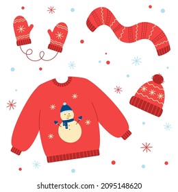 Set of red winter hat, mittens, scarf and sweater. Collection of winter clothes and accessories. Doodle style. Isolated vector illustration