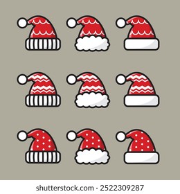 A set of red winter hats in a cartoon style with various white decorations and knitted patterns.