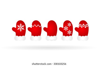 set of red winter mittens different patterns
