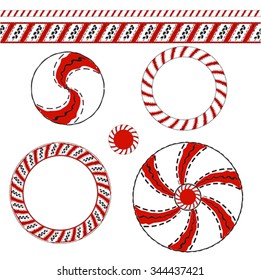 Set with red and wite decorative elements of traditional folk art of northern region of Russia. Mezensky ornament. Illustration, vector
