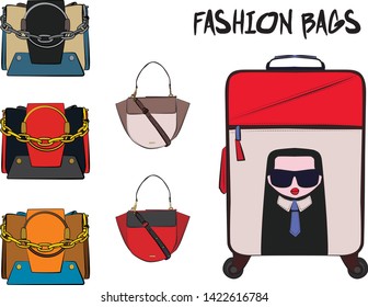 Set of red women's bags.  Vector fashion illustration isolated on a white background. 
Different types of stylish bags, satchel, saddle, hobo, doctor, clutch, duffel, tote, barrel, suitcase 
