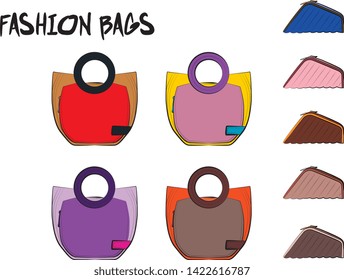 Set of red women's bags.  Vector fashion illustration isolated on a white background. 
Different types of stylish bags, satchel, saddle, hobo, doctor, clutch, duffel, tote, barrel, suitcase 
