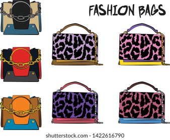 Set of red women's bags.  Vector fashion illustration isolated on a white background. 
Different types of stylish bags, satchel, saddle, hobo, doctor, clutch, duffel, tote, barrel, suitcase 
