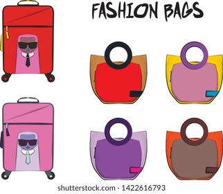 Set of red women's bags.  Vector fashion illustration isolated on a white background. 
Different types of stylish bags, satchel, saddle, hobo, doctor, clutch, duffel, tote, barrel, suitcase 
