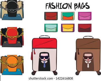 Set of red women's bags.  Vector fashion illustration isolated on a white background. 
Different types of stylish bags, satchel, saddle, hobo, doctor, clutch, duffel, tote, barrel, suitcase 
