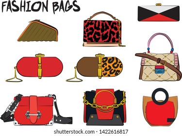 Set of red women's bags.  Vector fashion illustration isolated on a white background. 
Different types of stylish bags, satchel, saddle, hobo, doctor, clutch, duffel, tote, barrel, suitcase 
