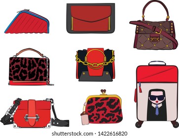 Set of red women's bags.  Vector fashion illustration isolated on a white background. 
Different types of stylish bags, satchel, saddle, hobo, doctor, clutch, duffel, tote, barrel, suitcase 
