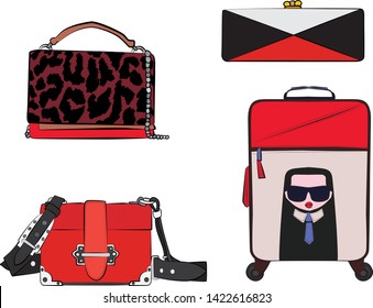 Set of red women's bags.  Vector fashion illustration isolated on a white background. 
Different types of stylish bags, satchel, saddle, hobo, doctor, clutch, duffel, tote, barrel, suitcase 
