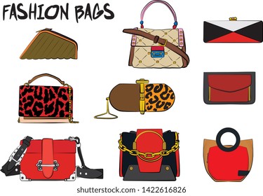 Set of red women's bags.  Vector fashion illustration isolated on a white background. 
Different types of stylish bags, satchel, saddle, hobo, doctor, clutch, duffel, tote, barrel, suitcase 
