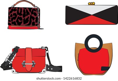 Set of red women's bags.  Vector fashion illustration isolated on a white background. 
Different types of stylish bags, satchel, saddle, hobo, doctor, clutch, duffel, tote, barrel, suitcase 
