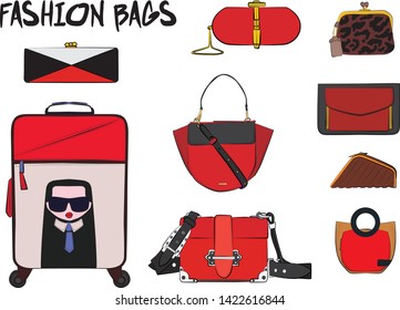 Set of red women's bags.  Vector fashion illustration isolated on a white background. 
Different types of stylish bags, satchel, saddle, hobo, doctor, clutch, duffel, tote, barrel, suitcase 
